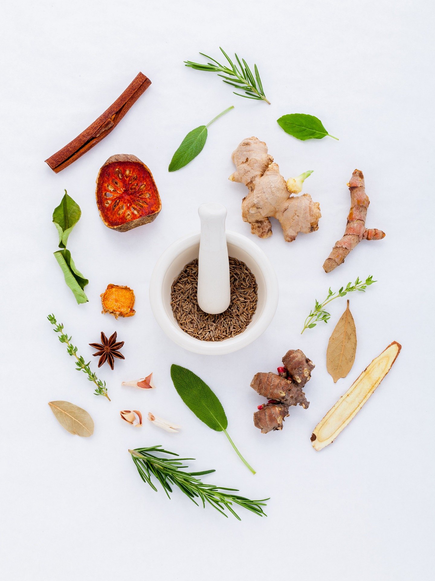 A variety of naturopathic herbs arranged around a mortar and pestle